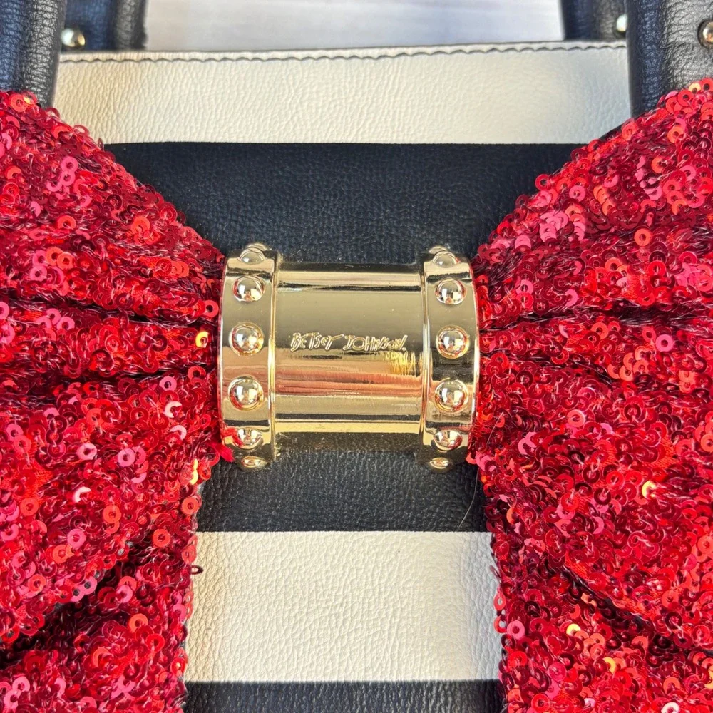 Betsey Johnson Black White Striped Satchel Red Sequin Bow Handbag Studded Handle